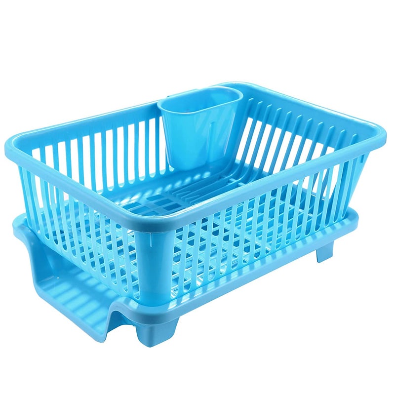 FYCAN 3 in 1 Kitchen Sink Basket Dish Drying Rack Utensil Organizer Tray Large Blue Plastic Durable Sink Plastic Dish Rack Utensil Drainer Drying Basket Utensil Cutlery Holder Cup Blue - Image 1