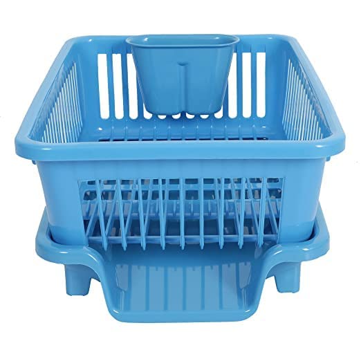 FYCAN 3 in 1 Kitchen Sink Basket Dish Drying Rack Utensil Organizer Tray Large Blue Plastic Durable Sink Plastic Dish Rack Utensil Drainer Drying Basket Utensil Cutlery Holder Cup Blue - Image 5