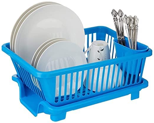 FYCAN 3 in 1 Kitchen Sink Basket Dish Drying Rack Utensil Organizer Tray Large Blue Plastic Durable Sink Plastic Dish Rack Utensil Drainer Drying Basket Utensil Cutlery Holder Cup Blue - Image 4
