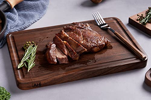AZRHOM Walnut Wood Cutting Board, 12x8in Small Wooden Chopping Boards with Deep Juice Groove and Side Handle, Thick Butcher Block for Kitchen Meat Cheese Gift for Wife Mom Gift Box - Image 2
