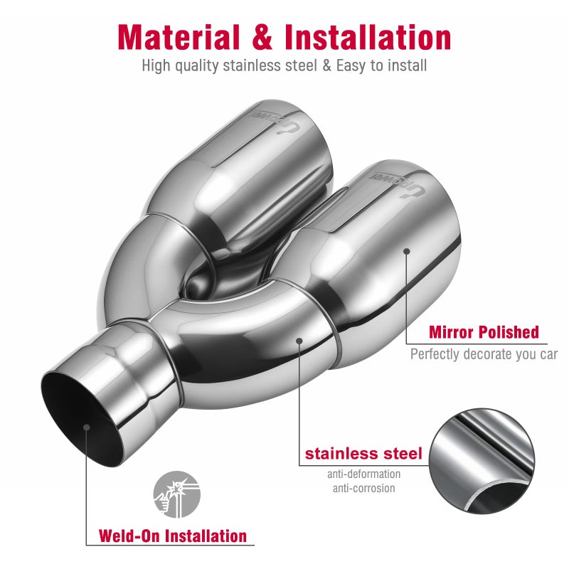 Upower Pack of 2 Dual Exhaust Tip Tailpipe 2.5 Inch Inlet 3.5" outlet 9.5" Length Polished Stainless Exhaust Tip for Car Truck (Double Wall Weld-On Angle Cut Design) - Image 5