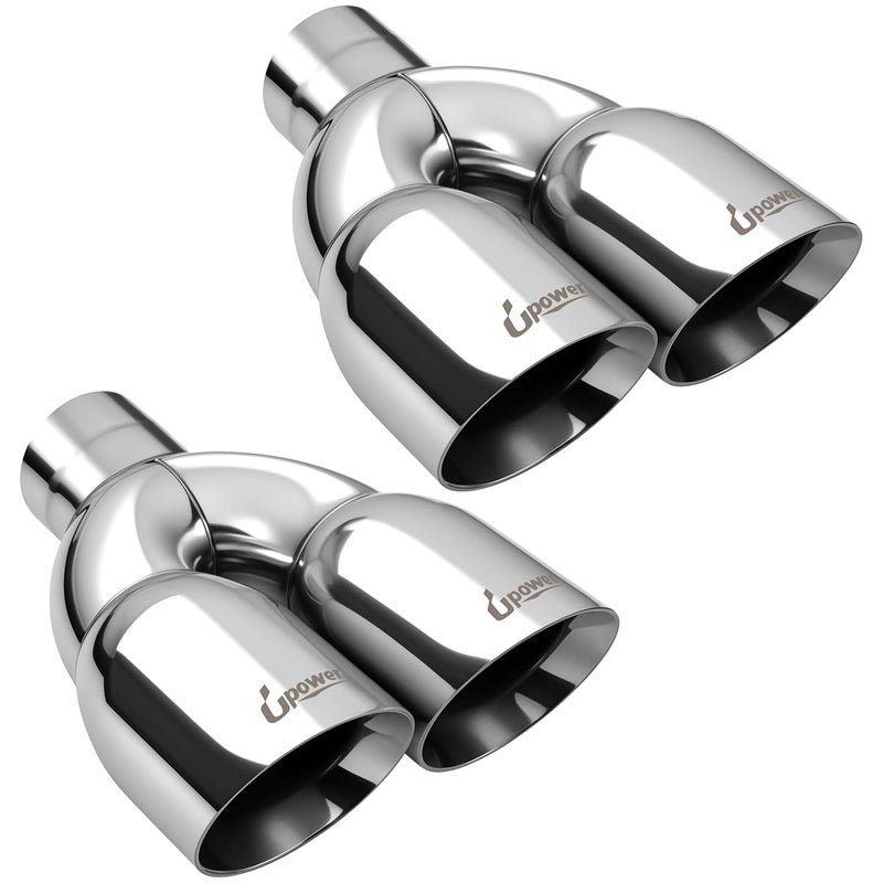 Upower Pack of 2 Dual Exhaust Tip Tailpipe 2.5 Inch Inlet 3.5" outlet 9.5" Length Polished Stainless Exhaust Tip for Car Truck (Double Wall Weld-On Angle Cut Design) - Image 1