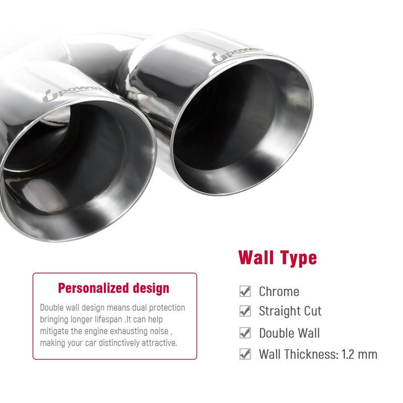 Upower Pack of 2 Dual Exhaust Tip Tailpipe 2.5 Inch Inlet 3.5" outlet 9.5" Length Polished Stainless Exhaust Tip for Car Truck (Double Wall Weld-On Angle Cut Design) - Image 4