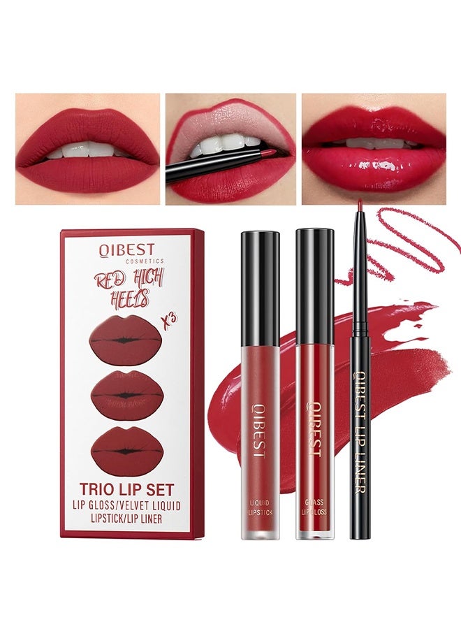 QiBest Trio Lip Set,All In One Lip Kit 3 In 1 Smooth Lipliner Lipgloss and Lipstick Set with Matte Velvet Liquid Lipstick Hydrating Moisturizing Lip Gloss and Creamy Lip Liner #06 Red High Heels - Image 1
