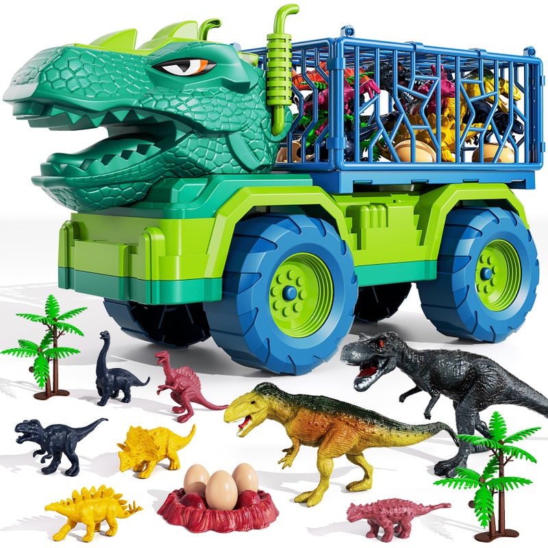 TEMI Dinosaur Truck Toys for Kids 3-5 Years, Tyrannosaurus Transport Car Carrier Truck with 8 Dinosaur Figures, Activity Play Mat, Dinosaur Eggs, Trees, Capture Jurassic Play Set for Boys and Girls - Image 1