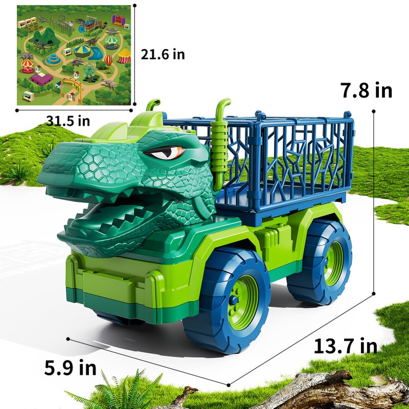 TEMI Dinosaur Truck Toys for Kids 3-5 Years, Tyrannosaurus Transport Car Carrier Truck with 8 Dinosaur Figures, Activity Play Mat, Dinosaur Eggs, Trees, Capture Jurassic Play Set for Boys and Girls - Image 2