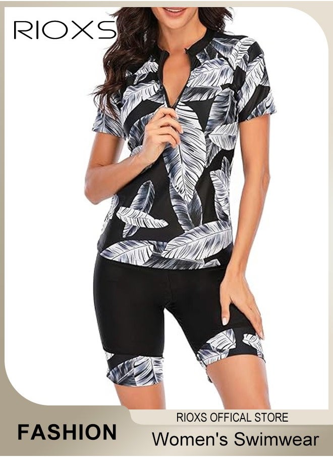 RIOXS Women's Swimwear, Short Sleeve Rash Guard Swimsuit, Patterned Bathing Set, 1/4 Zipper Two Piece Swimwear For Women, Ladies Beach Swimwear, Skin-Friendly Swimming Tops And Shorts For Seaside/ Water Park/ Vacation/ Swimming Pool  - Image 2