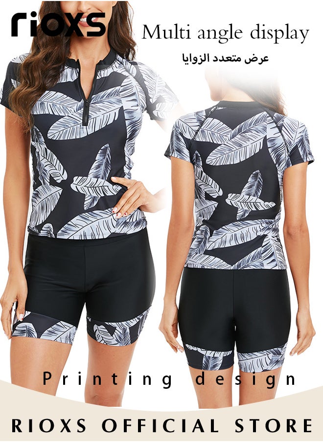 RIOXS Women's Swimwear, Short Sleeve Rash Guard Swimsuit, Patterned Bathing Set, 1/4 Zipper Two Piece Swimwear For Women, Ladies Beach Swimwear, Skin-Friendly Swimming Tops And Shorts For Seaside/ Water Park/ Vacation/ Swimming Pool  - Image 4