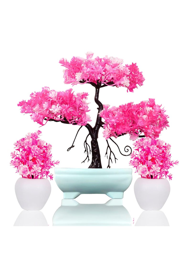 Generic Combo Set Trendy Artificial Plants for Home Decor Pink Flower Tree 28 Cm Height with 2 Cute Bonsai pots 11 Cm for Centerpiece Bedroom livingroom Office Balcony Kitchen Garden Indoor Outdoor  - Image 1