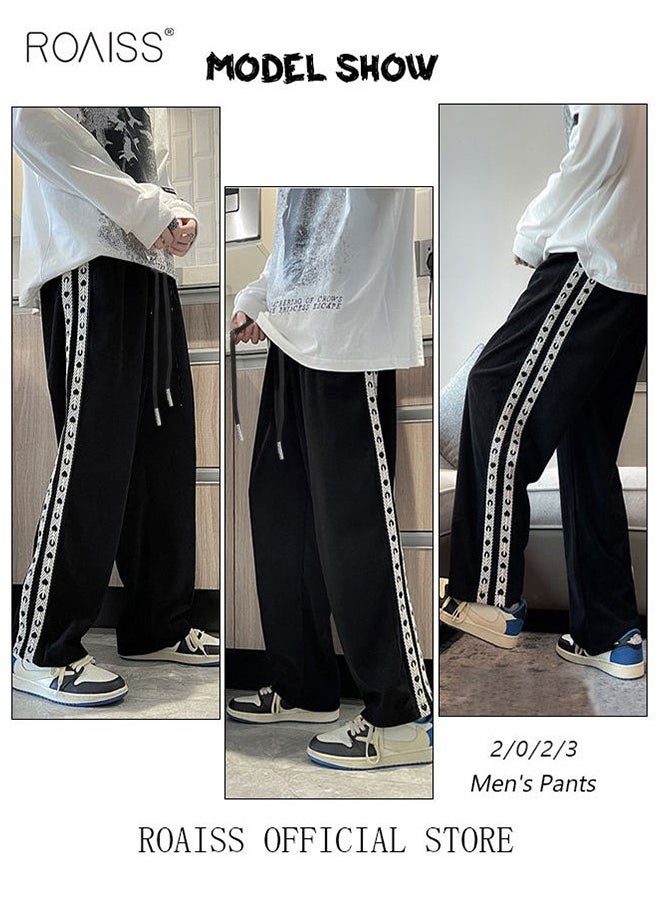 roaiss Student Sweatpants Side Ribbon Knit Straight and Loose Fit Casual Pants  - Image 3