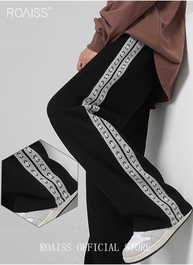 roaiss Student Sweatpants Side Ribbon Knit Straight and Loose Fit Casual Pants  - Image 1