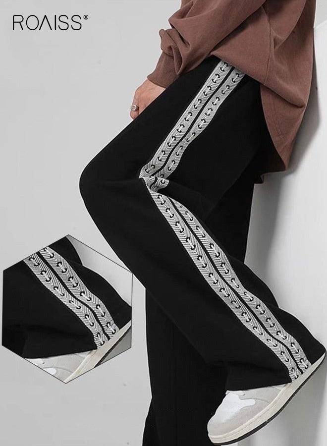 رويس بنطلون رياضي رجالي ونسائي، بقصة مستقيمة، مزين بشريط جانبي، محبوك بقصة مستقيمة وفضفاضة، مناسب للطلاب، أسود - Image 1