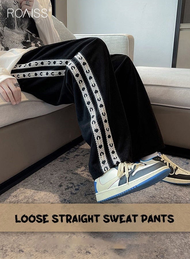 رويس بنطلون رياضي رجالي ونسائي، بقصة مستقيمة، مزين بشريط جانبي، محبوك بقصة مستقيمة وفضفاضة، مناسب للطلاب، أسود - Image 2