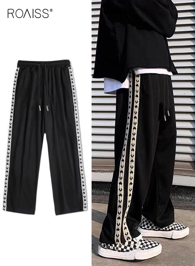 رويس بنطلون رياضي رجالي ونسائي، بقصة مستقيمة، مزين بشريط جانبي، محبوك بقصة مستقيمة وفضفاضة، مناسب للطلاب، أسود - Image 4