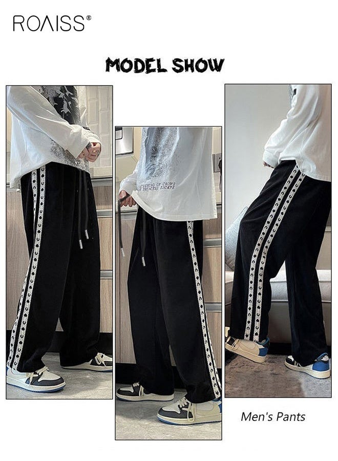 رويس بنطلون رياضي رجالي ونسائي، بقصة مستقيمة، مزين بشريط جانبي، محبوك بقصة مستقيمة وفضفاضة، مناسب للطلاب، أسود - Image 3