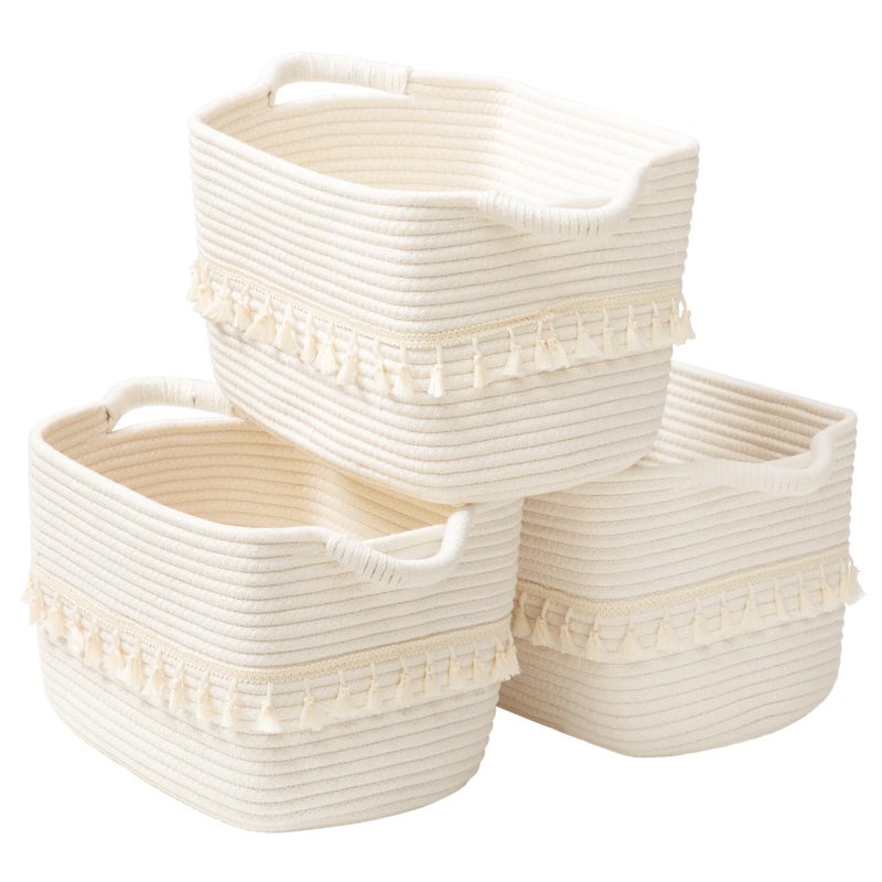 TeoKJ White Cotton Rope Baskets for Storage Set of 3 Woven Clothes Basket for Organizing and Storage Blanket Basket for Living Room Laundry Bathroom Shelves