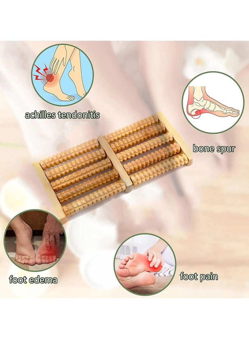 مدلك قدم خشبي عالي الجودة بخمسة صفوف من الأسطوانات الخشبية لتخفيف التوتر وعلاج الاسترخاء أداة تدليك صحية - Image 3