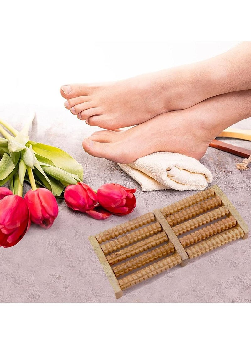 مدلك قدم خشبي عالي الجودة بخمسة صفوف من الأسطوانات الخشبية لتخفيف التوتر وعلاج الاسترخاء أداة تدليك صحية - Image 2