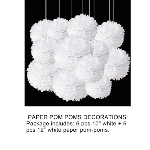 Aimto 12pcs White Paper Pom Poms Decorations for Party Ceiling Wall Hanging Tissue Flowers Decorations - 1 Color of 12 Inch, 10 Inch - Image 2