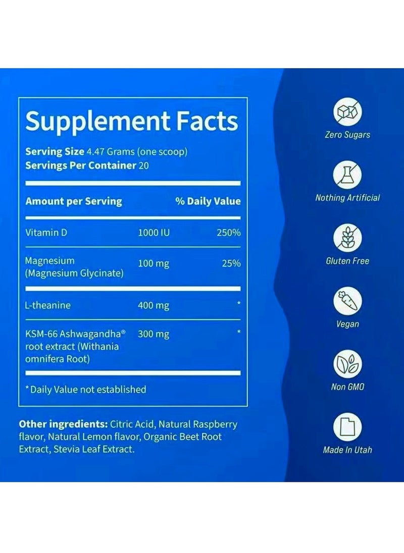 Powdered Drink Mix Raspberry Lemonade L Theanine Ksm 66 Ashwagandha  Magnesium Glycinate Vitamin D 3 Supplements for Relaxation & Focus No Sugar Non GMO On The Go 20 Ct