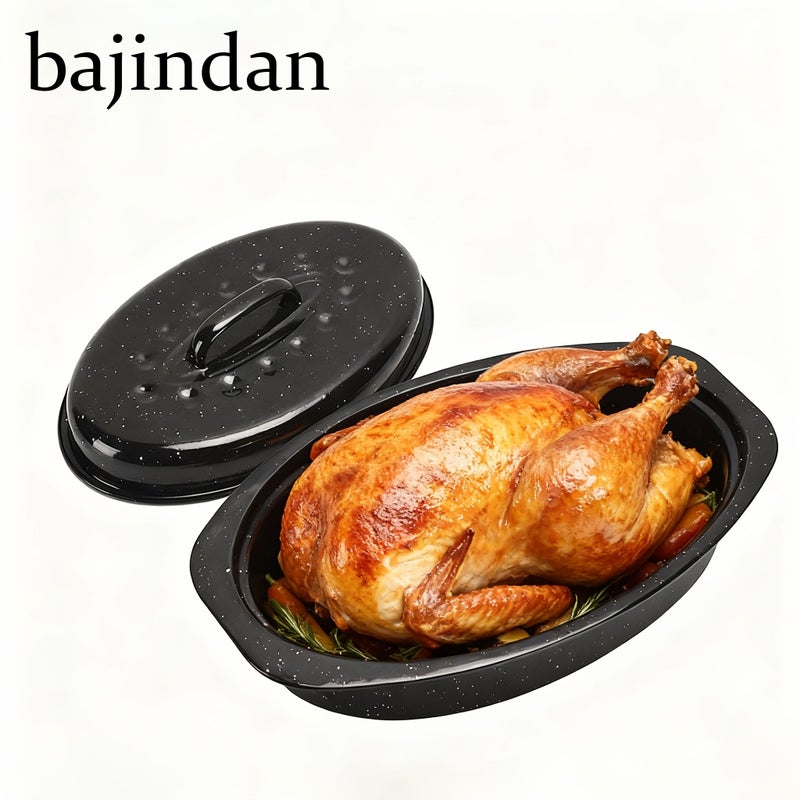 16 Inch Enamel Roasting Pan With Lid Oval Turkey Baking Tray - Image 1