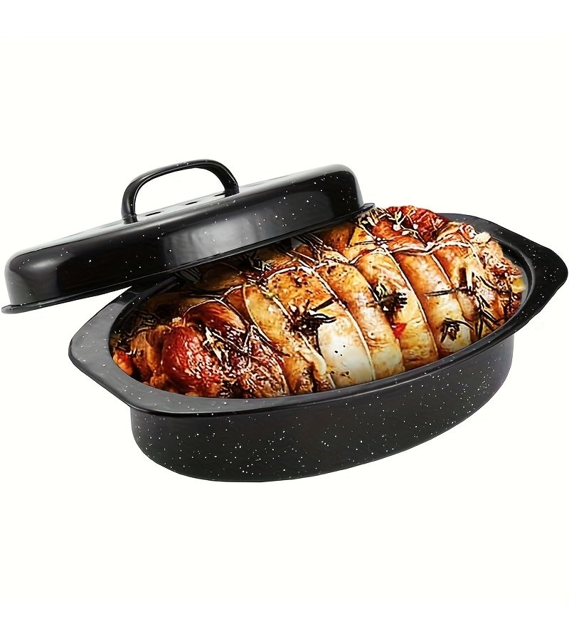 16 Inch Enamel Roasting Pan With Lid Oval Turkey Baking Tray - Image 2