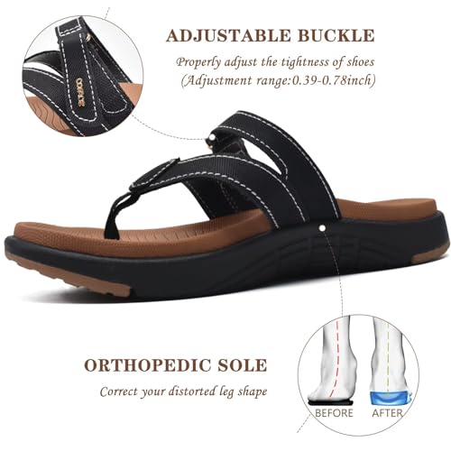 COFACE Womens Orthopedic Flip Flops Ladies Slip On Athletic Yoga Mat Memory Foam Cushioned Recovery Walking Thong Sandals Summer Beach Pool Slippers Plantar Fasciitis Arch Support Black Brown Size 9 - Image 4