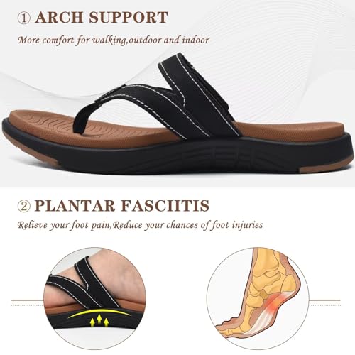 COFACE Womens Orthopedic Flip Flops Ladies Slip On Athletic Yoga Mat Memory Foam Cushioned Recovery Walking Thong Sandals Summer Beach Pool Slippers Plantar Fasciitis Arch Support Black Brown Size 9 - Image 3