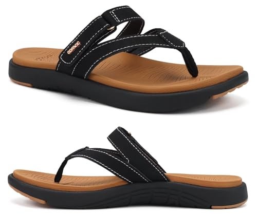 COFACE Womens Orthopedic Flip Flops Ladies Slip On Athletic Yoga Mat Memory Foam Cushioned Recovery Walking Thong Sandals Summer Beach Pool Slippers Plantar Fasciitis Arch Support Black Brown Size 9 - Image 1