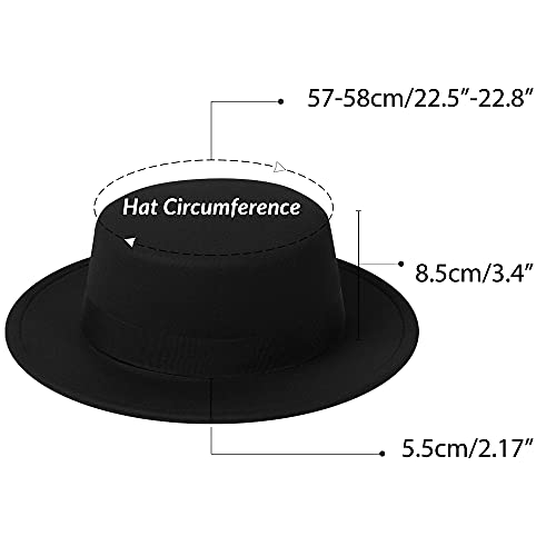 JINGSHA Classic Fedora Hat Flat Top Hat Felt Pork Pie Hat Wide Brim Church Derby Cap for Women and Men Black - Image 2