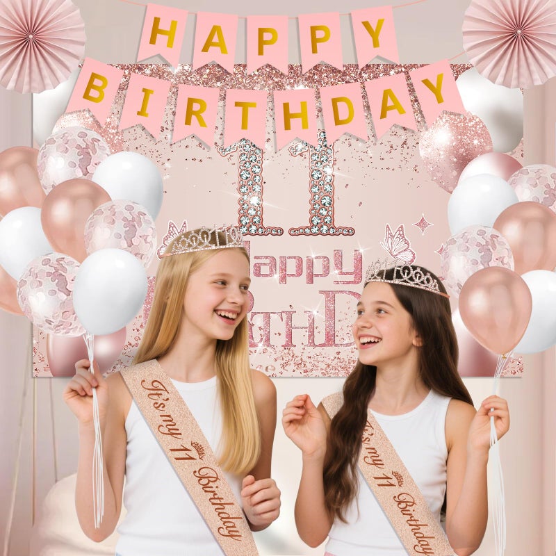 Juesly 11th Birthday Decorations for Girls,32PCS 11th Birthday Party Decorations,Including Backdrop, Crown, Sash, banner, Hanging Swirl,Cake Topper,balloons, Anniversary Card and Paper Fans - Image 5