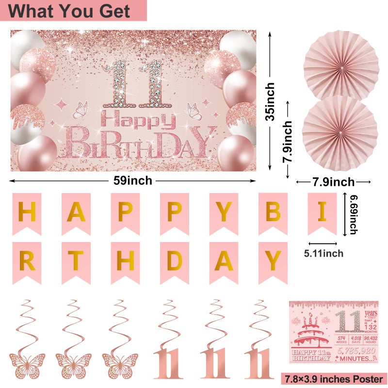 Juesly 11th Birthday Decorations for Girls,32PCS 11th Birthday Party Decorations,Including Backdrop, Crown, Sash, banner, Hanging Swirl,Cake Topper,balloons, Anniversary Card and Paper Fans - Image 2