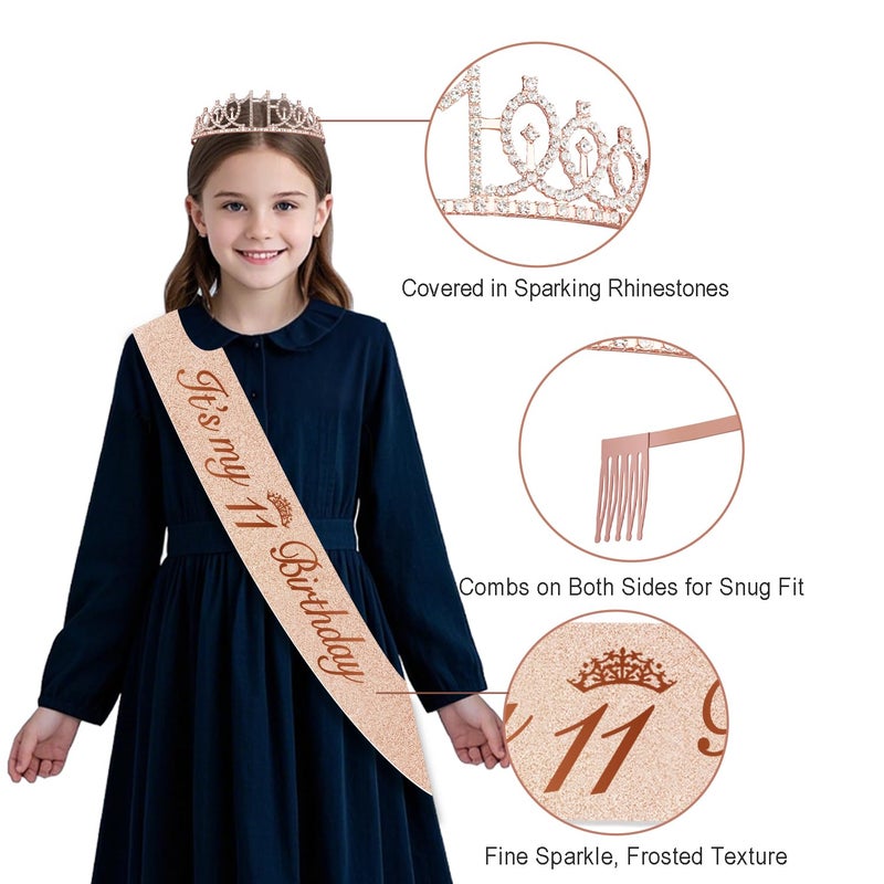 Juesly 11th Birthday Decorations for Girls,32PCS 11th Birthday Party Decorations,Including Backdrop, Crown, Sash, banner, Hanging Swirl,Cake Topper,balloons, Anniversary Card and Paper Fans - Image 3