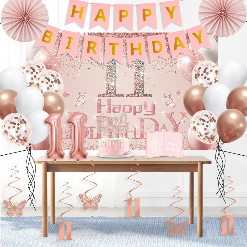Juesly 11th Birthday Decorations for Girls,32PCS 11th Birthday Party Decorations,Including Backdrop, Crown, Sash, banner, Hanging Swirl,Cake Topper,balloons, Anniversary Card and Paper Fans - Image 4