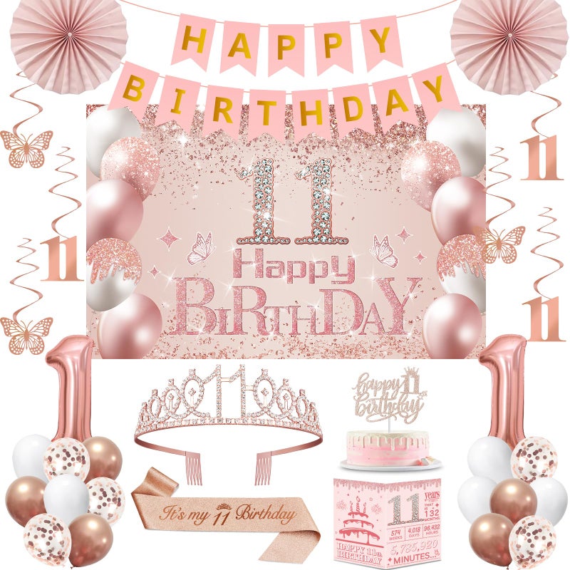 Juesly 11th Birthday Decorations for Girls,32PCS 11th Birthday Party Decorations,Including Backdrop, Crown, Sash, banner, Hanging Swirl,Cake Topper,balloons, Anniversary Card and Paper Fans - Image 1
