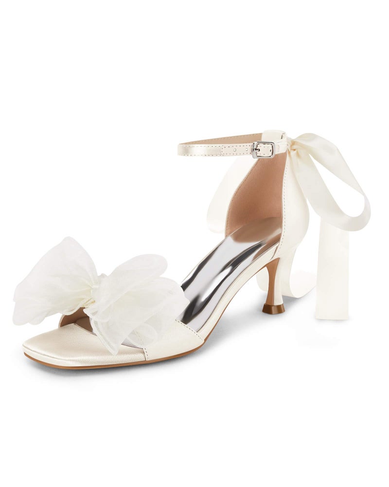 Coutgo Womens Bow Kitten Heels Sandals Square Open Toe Ankle Strap Satin Ribbon Wedding Dress Shoes - Image 1