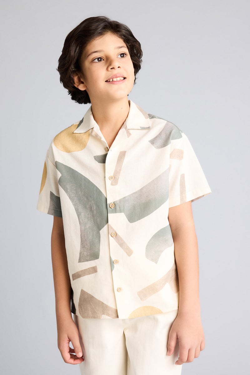 DeFacto Beige Boy Boy Oversize Polo Collar Tropical Print Shirt Casual - Image 3