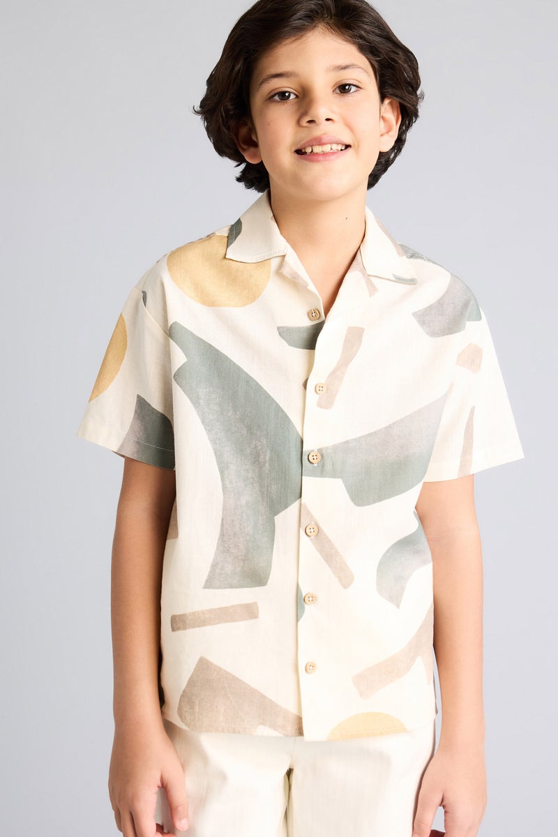 DeFacto Beige Boy Boy Oversize Polo Collar Tropical Print Shirt Casual - Image 1