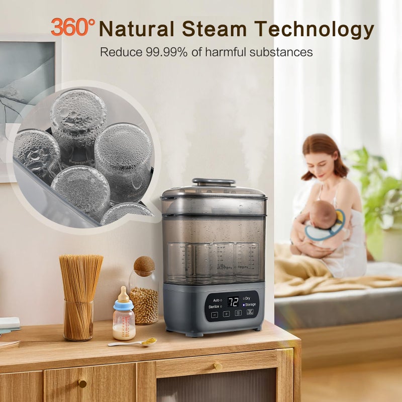 AMZBABYCHEF 4-in-1 Baby Bottle Steamer and Dryer, Electric Steamer with Fast Drying, Universal Fit for All Bottles, LED Touch Screen & Auto Shut-Off Protection (Grey) - Image 3