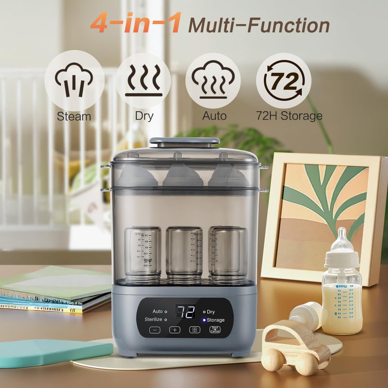 AMZBABYCHEF 4-in-1 Baby Bottle Steamer and Dryer, Electric Steamer with Fast Drying, Universal Fit for All Bottles, LED Touch Screen & Auto Shut-Off Protection (Grey) - Image 2