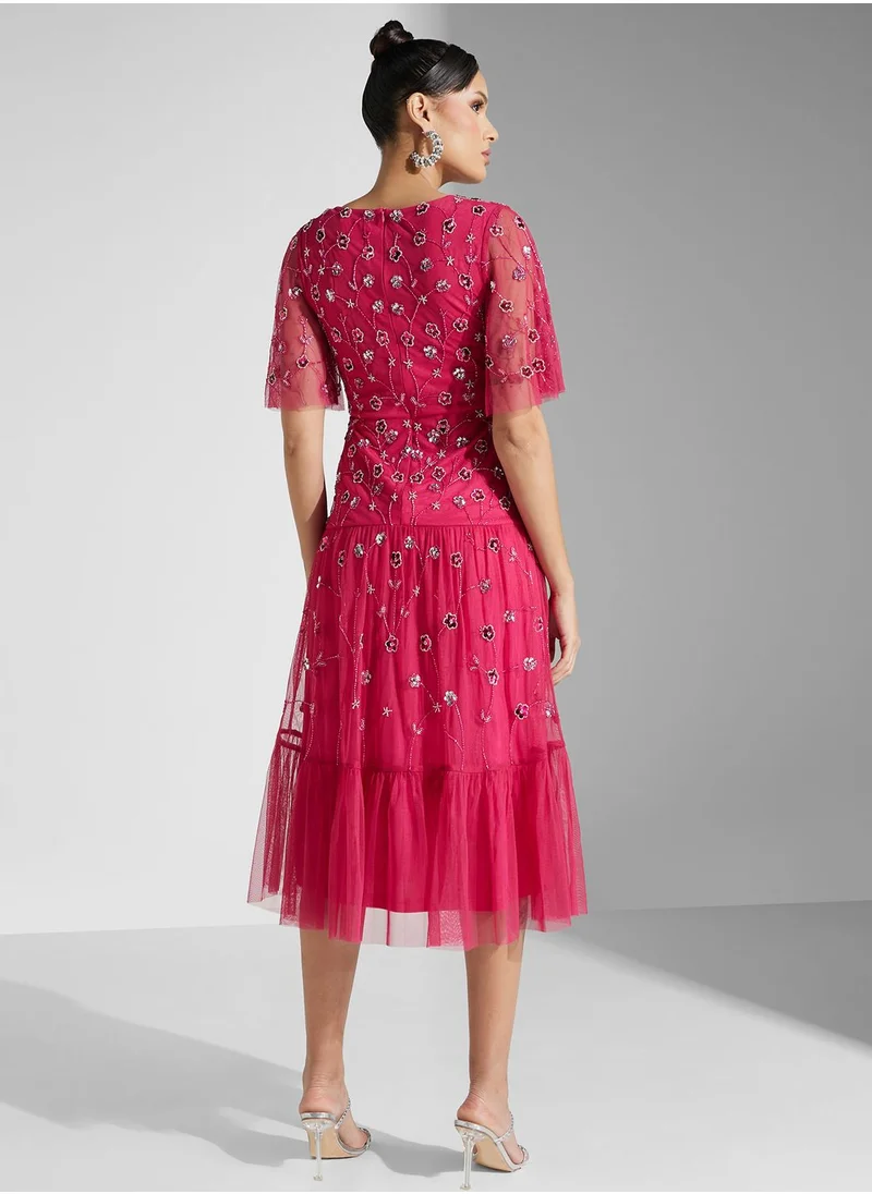 Frock and Frill V-Neck Mesh Detail  Dress
