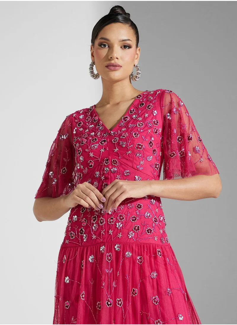 Frock and Frill V-Neck Mesh Detail  Dress