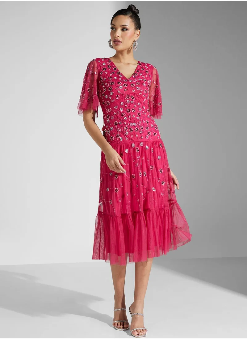 Frock and Frill V-Neck Mesh Detail  Dress