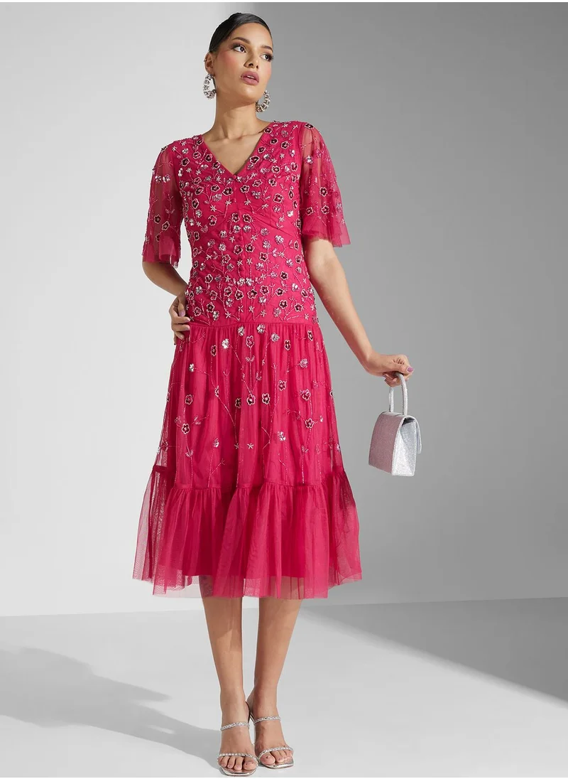 Frock and Frill V-Neck Mesh Detail  Dress