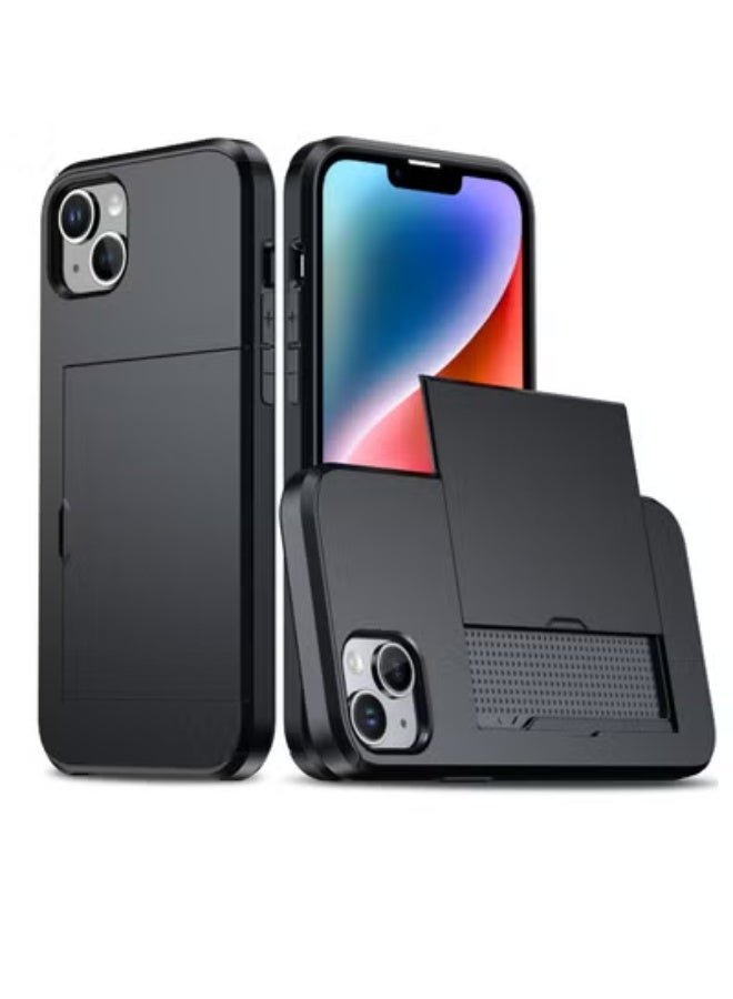 GULFLINK iPhone 15 Case with Card Holder Heavy Duty Protective Dual Layer Shockproof Hidden Card Slot Wallet Case Black - Image 1