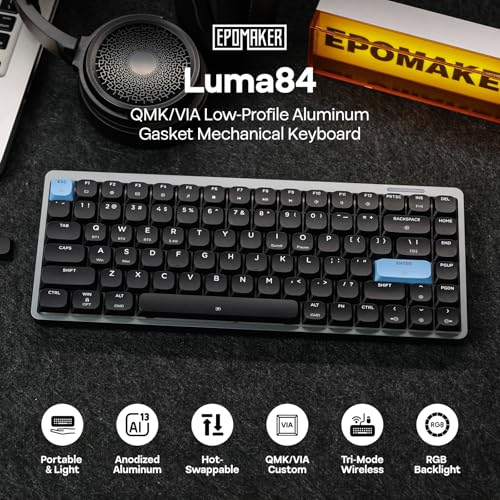 EPOMAKER Luma84 Low Profile Aluminum Mechanical Keyboard, QMK/VIA Programmable, Tri-Mode Wireless, Win/MAC/Linux Compatible, RGB Backlight (Black&Blue, Gateron Low-Profile Brown Switch) - Image 2