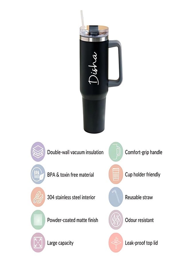 THE CUSTOMISED GIFT Personalized Tumbler Sipper Mug with Handle & Straw Lid | Custom Name & Logo | Vacuum Insulated 1200ml Stainless Steel Cup for Office, Gym, Travel & Gifting | Black (Matt Black) - Image 3