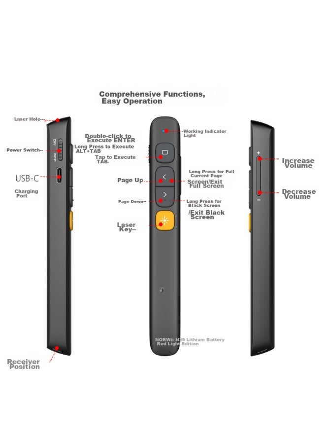 Norwii Smart Rechargeable Laser Pointer, Ppt Page Turner For Teachers, 100-meter Remote Control, 360° Control, Volume Control, N29 Lithium Battery, Red Light, Black - Image 2