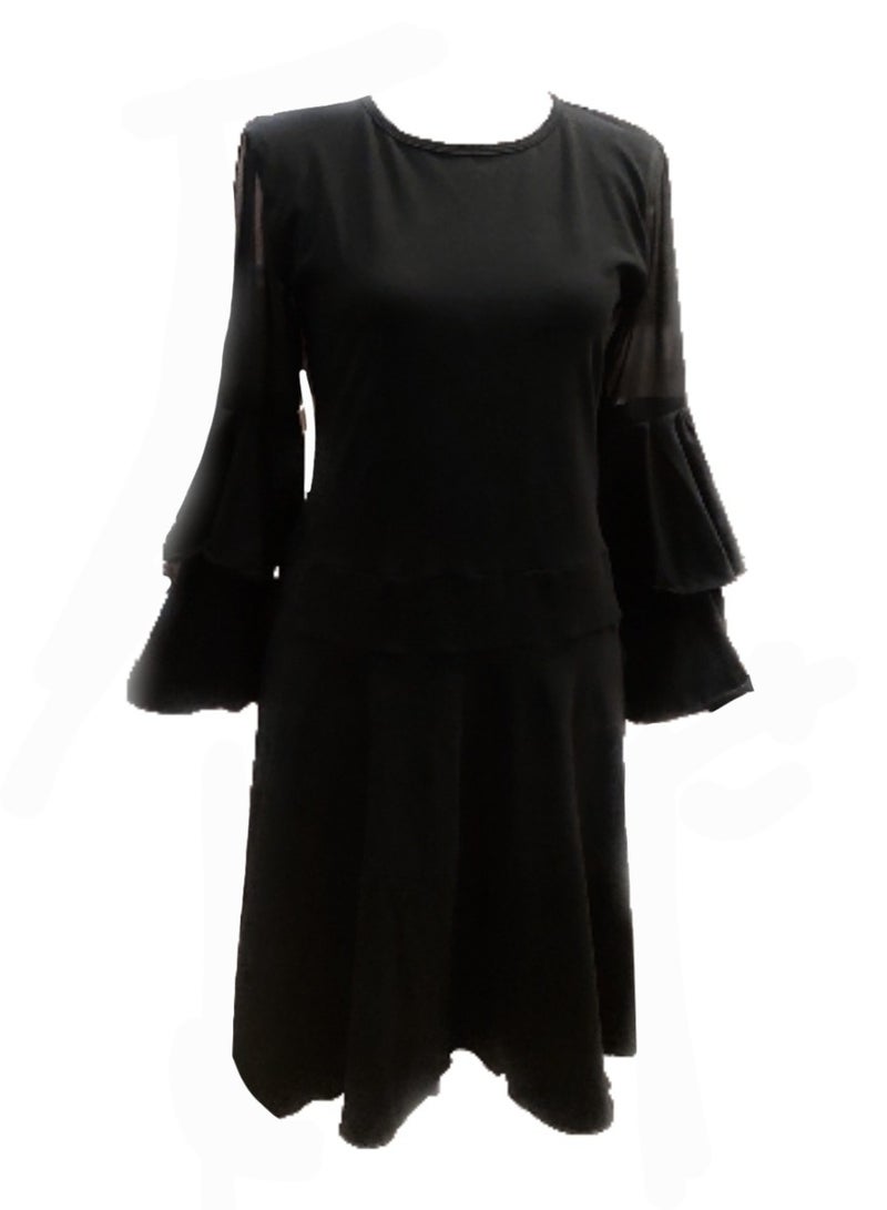 Women ruffled sleeves lycra black short dress 