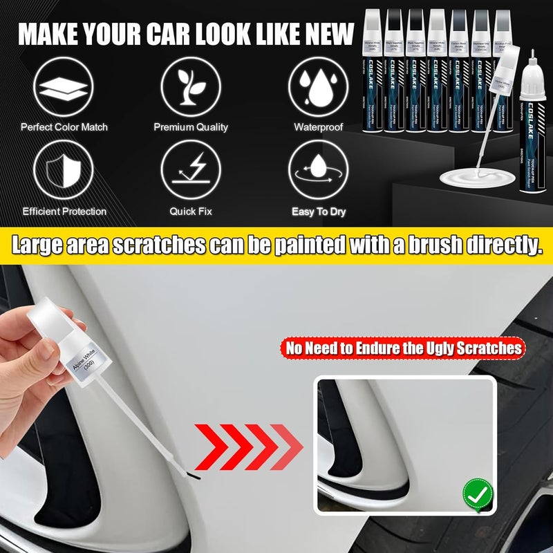 COSLAKE طلاء إصلاح السيارات (مينيرال وايت ميتاليك (A96)) لسيارات BMW، مجموعة إصلاح خدوش طلاء السيارة، حل سريع وسهل للإصلاح، قلم إزالة الخدوش 2 في 1 مع مطابقة اللون - Image 4